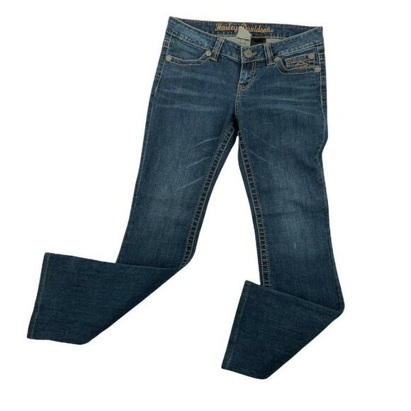 Harley Davidson Denim Jeans Women Size 6 Bootcut Stretch Med Wash Whiskers Blue - Picture 3 of 9